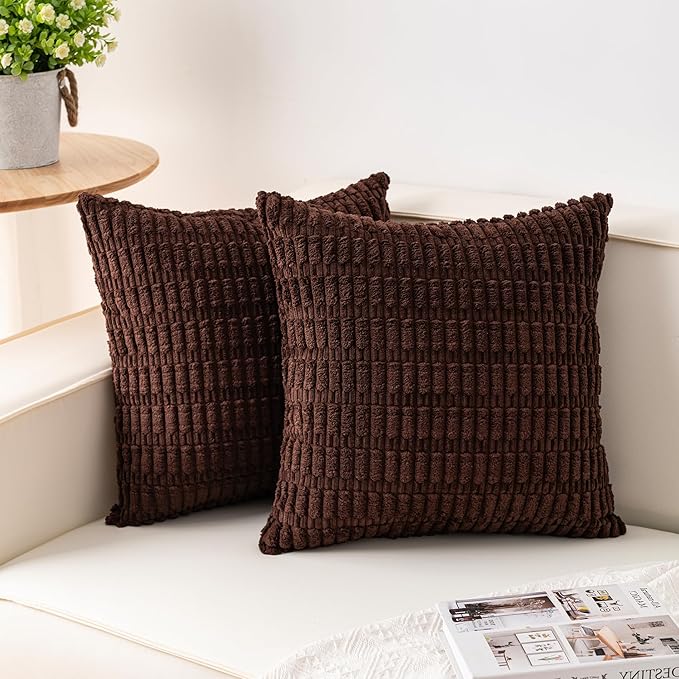 Aegero Pack of 2 Corduroy Decorative Throw Pillow Covers 24x24 InchSoft Striped Pillow Covers Modern Farmhouse Home Decor for Sofa Living Room Couch Bed（Dark Brown）