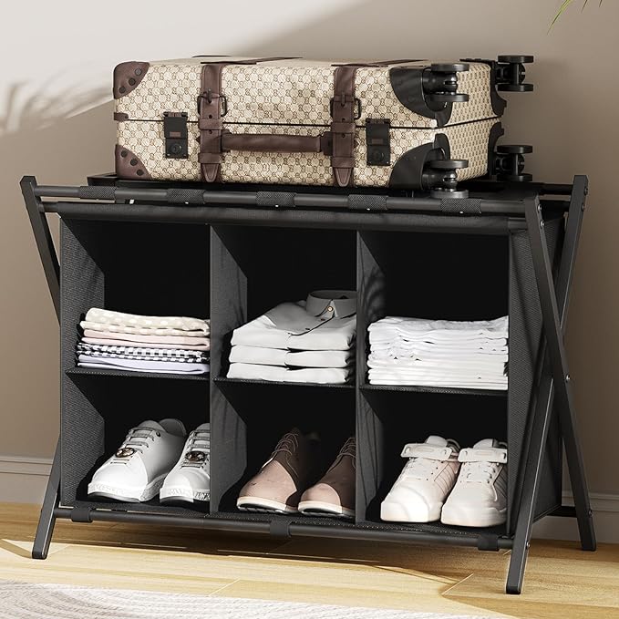 Luggage Rack for Guest Room, Folding Suitcase Stand with 6-Cube Fabric Storage Shelf, Luggage Holder, Steel Foldable Luggage Stand for Guest Room, Bedroom, Hotel, Black