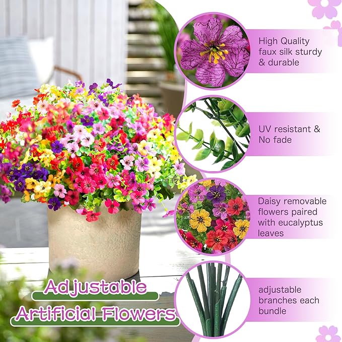 Artificial Flowers for Outdoors,Faux Flowers Daisy with Eucalyptus Leaves for Indoor Garden Home Decoration,UV Resistant Artificial Flower Fake Plants for Porch Patio, 12 Bundles (6 Multicolor)