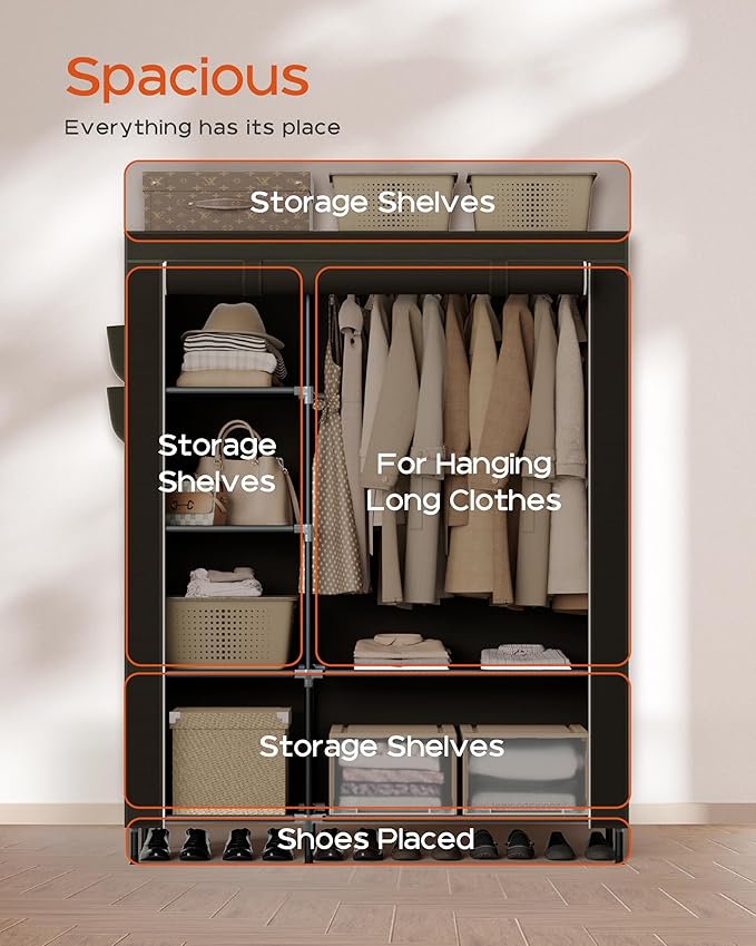 Portable Closet, 48 Inch Large Capacity Wardrobe Closet, Clothes Storage Organizer with Shelves and Hanging Rod, Easy to Assembly, Black PCT221B01