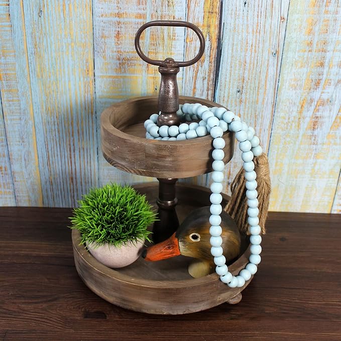 CVHOMEDECO. Wood Beads Garland with Tassels Farmhouse Rustic Wooden Prayer Bead String Wall Hanging Accent for Home Festival Decor. Teal Distressed