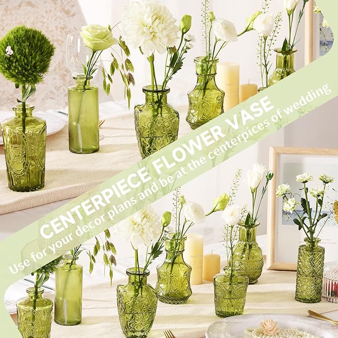 24PCS Mini Bud Vases As Wedding Centerpieces for Tables,Clear Bud Vases for Flowers,Small Flower Vases Suitable for Birthday Party,Anniversary,Wedding Reception,Baby Shower (Green, 24PCS)