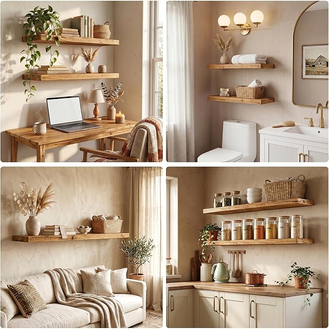 Dreamland 48" Solid Elm Wood Floating Shelves, 8" Deep Wall Shelves for Home Decor, Floating Shelf with Invisible Bracket, Heavy-Duty Display Shelf - for Living Room, Kitchen, Bathroom, Set of 1