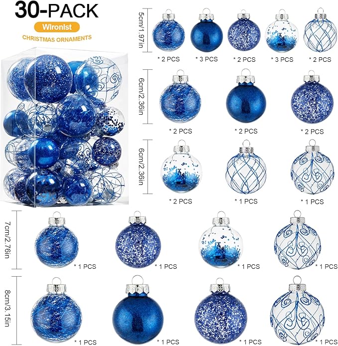 Wironlst Christmas Ball Ornaments Shatterproof Clear Large Plastic Hanging Ball Decorative Baubles Set with Stuffed Delicate Decorations (Multi-Size, Blue)