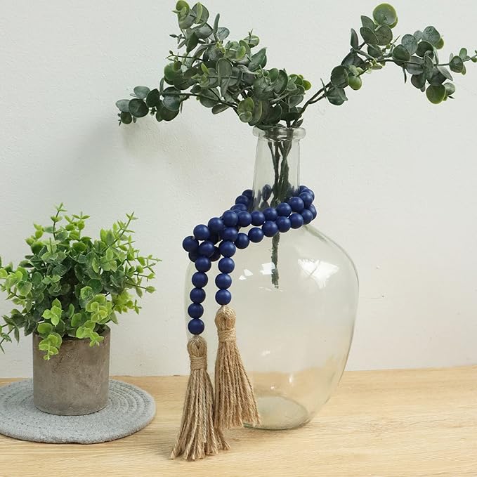 Meplait 39in Wood Bead Garland Farmhouse with Tassels,Versatile Prayer Beads Boho Chic Wall Hanging Home Decor (Navy Blue)