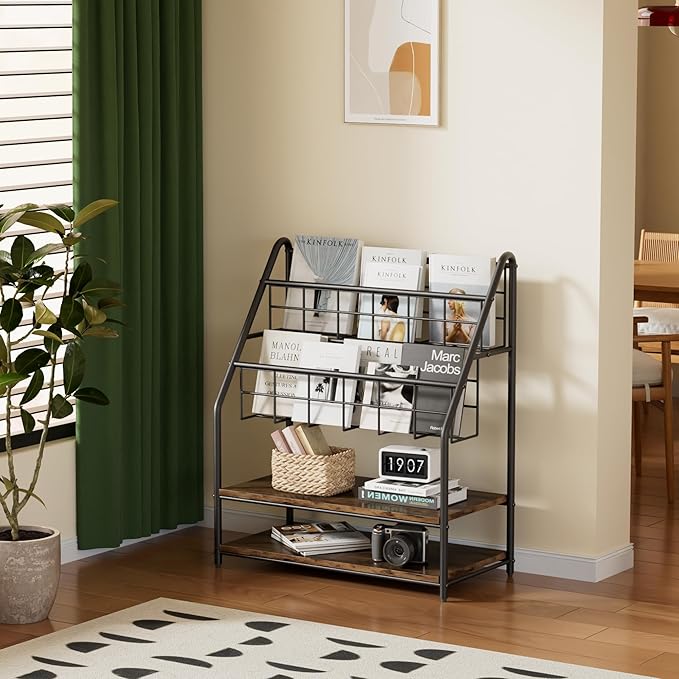 VECELO Magazine Holder Floor,2-Tier Metal Magazine Racks, Newspaper Display Stand with Board Shelves for Books and Brochure in Home Office,Shopping Malls,Indoor&Outdoor Place, Retro Brown