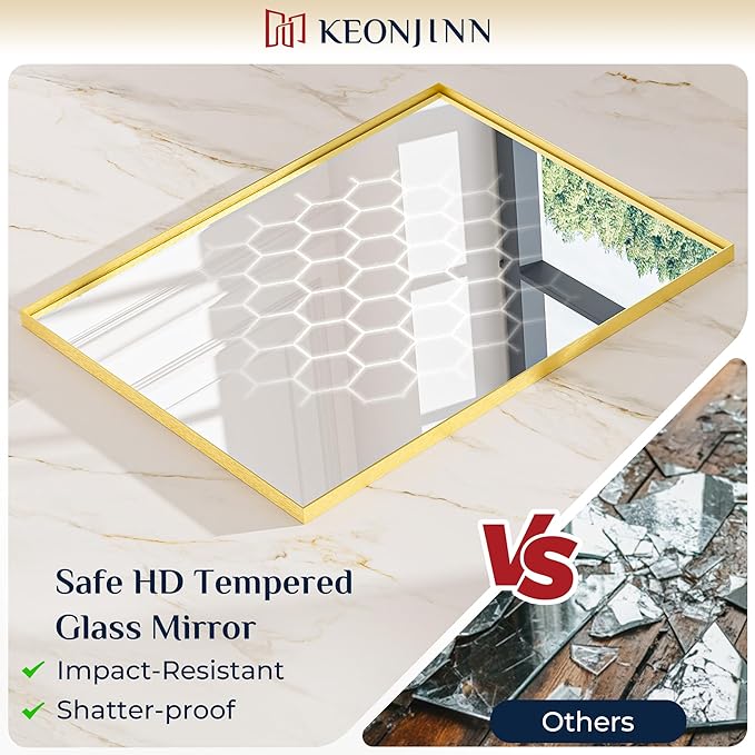 Keonjinn Gold Bathroom Mirror 60” x 40” Large Framed Mirrors for Wall Rectangular Vanity Mirror Brushed Gold Metal Frame Mirror Rectangle Farmhouse Mirror for Bathroom Sink(Horizontal/Vertical)
