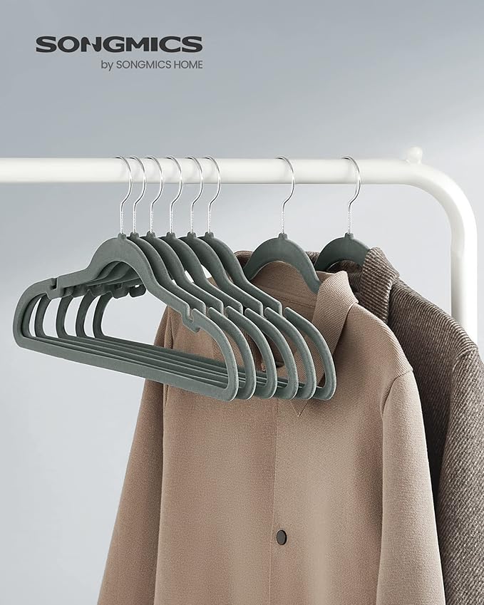 SONGMICS Velvet Hangers 50 Pack, Non-Slip Clothes Hangers, Suit Hangers with Shoulder Notches, Pants Bar, 360° Swivel Hook, Space-Saving, for Closet, Gray UCRF029G05