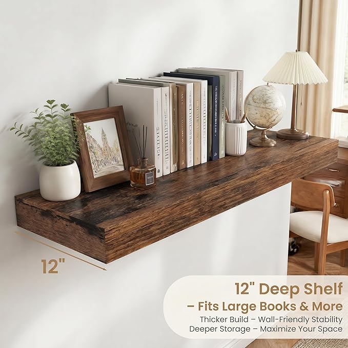 FLYJOE 24 Inch Long Floating Shelves for Wall Set of 1, 12" D Wood Grain Bathroom Shelves with Invisible Brackets, Easy Install Engineered Wood Storage Shelves for Kitchen, Living Room, Bedroom