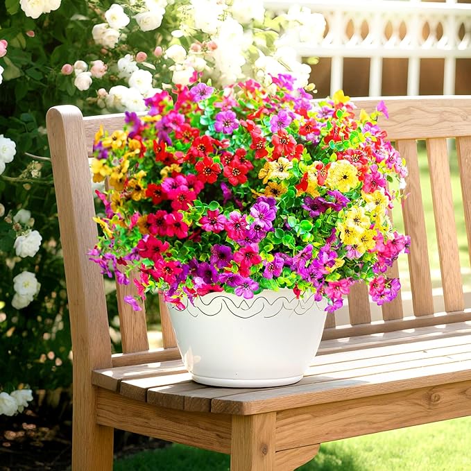 Artificial Flowers for Outdoors,Faux Flowers Daisy with Eucalyptus Leaves for Indoor Garden Home Decor,UV Resistant Artificial Flower Fake Plants for Porch, 12 Bundles (Mix Pink Red Purple Yellow)