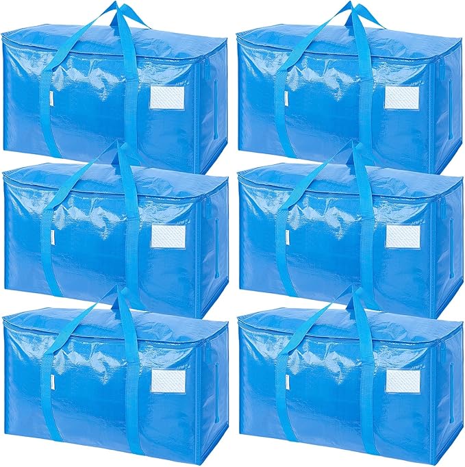 TICONN 6 Pack Extra Large Moving Bags Heavy Duty with Zippers & Carrying Handles, Durable Storage Bags Moving Boxes for Closet Organizers and Storage (6 Pack, Sky Blue)