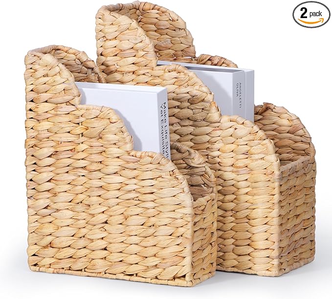 BROWNLILY Water Hyacinth Magazine Holders with Scalloped Edge - Natural Handwoven Rattan Storage Baskets Set of 2 (Large & Small) for Books, Home Office Decor