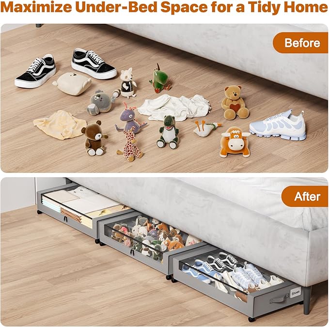 Under Bed Storage with Wheels,XXL 60L Under Bed Storage Containers with Clear Lids, Rolling Under Bed Metal Drawer for Clothes, Shoes,Toys(Gray, 2 Pack)
