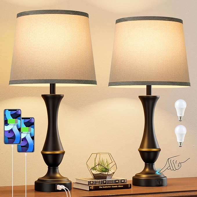Seealle Upgraded Touch Lamps for Bedrooms Set of 2 - Nightstand Table Lamp with USB C+A, 3 Way Dimmable Lamps for Living Room(Grey)