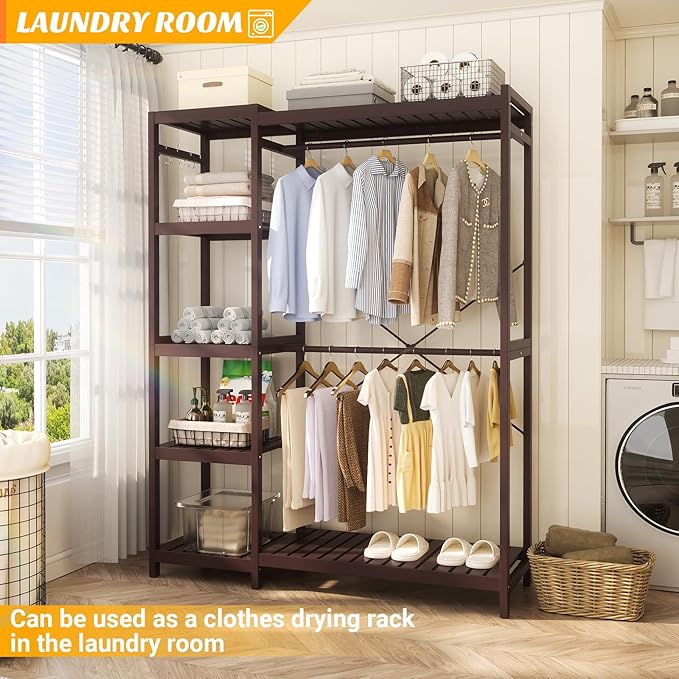 Homykic Bamboo Clothes Rack Garment Rack for Hanging Clothes, Heavy Duty Clothing Rack with 7 Tiers Adjustable Shelves, Double Rods, 4 Hooks, Freestanding Closet System Organizer Wardrobe, Espresso