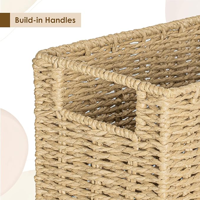 AELS Woven Natural Fibre Magazine Holder, Magazine Rack Floor, Hand-woven Magazine Organizer, Natural Paper Rope Magazine Basket with Handles, Boho Modern Farmhouse Book Basket, Newspaper Holder