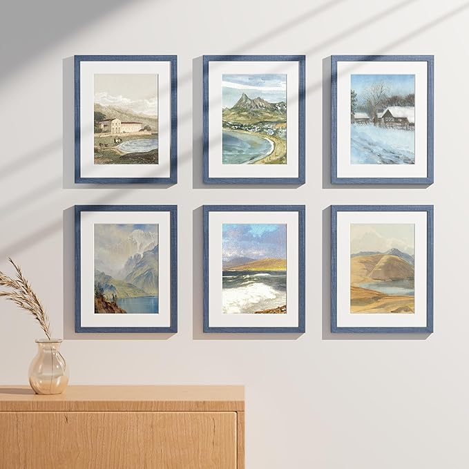 Vittanly 11x14 Picture Frames Set of 9, Shatter Resistant Plexiglass, Display 8x10 Pictures with Mat or 11x14 without Mat, Photo Frames for Wall or Tabletop, Engineered Wood, Navy