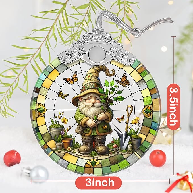 Charming Gnome Stained Glass Ornament - Christmas Tree Decor, Gnome Ornaments for Christmas
