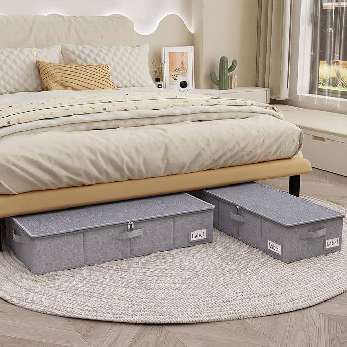 Yawinhe Foldable Underbed Storage Bags, Containers Bin with Lids, Large Under Bed Organizer Box, with Sturdy Zipper und Label Holders, for Clothing, 31.5''Lx15.7''Wx6''H, 2 Pack, Grey