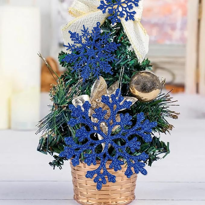 36pcs Christmas Navy Blue Snowflake Ornaments Plastic Glitter Snow Flakes Ornaments for Winter Christmas Tree Decorations Size Varies Craft Snowflakes