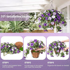 Artificial Hanging Fake Flowers with Basket Plants for Outdoor Decoration, Faux Silk Flower UV Resistant Morning Glory for Home Porch Patio Garden Balcony Yard Look Real (Purple White)