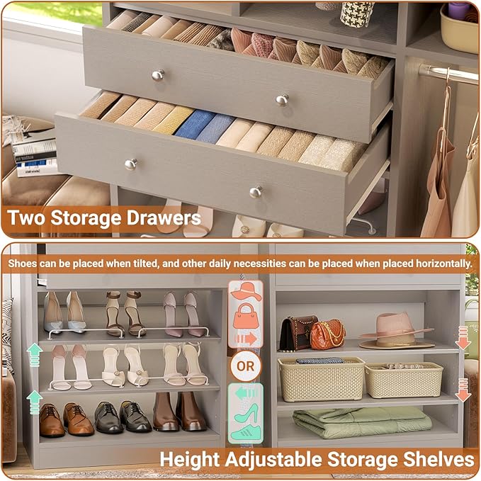 Closet System - 5FT Small Closet System with Drawers, 60" Closet Organizer System with Reversible Hanging Shelving, Closet Systems for Small/Walk-in Closets, Morandi Grey