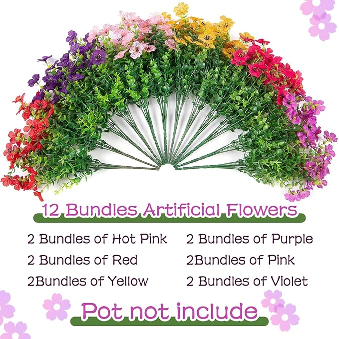 Artificial Flowers for Outdoors,Faux Flowers Daisy with Eucalyptus Leaves for Indoor Garden Home Decoration,UV Resistant Artificial Flower Fake Plants for Porch Patio, 12 Bundles (6 Multicolor)
