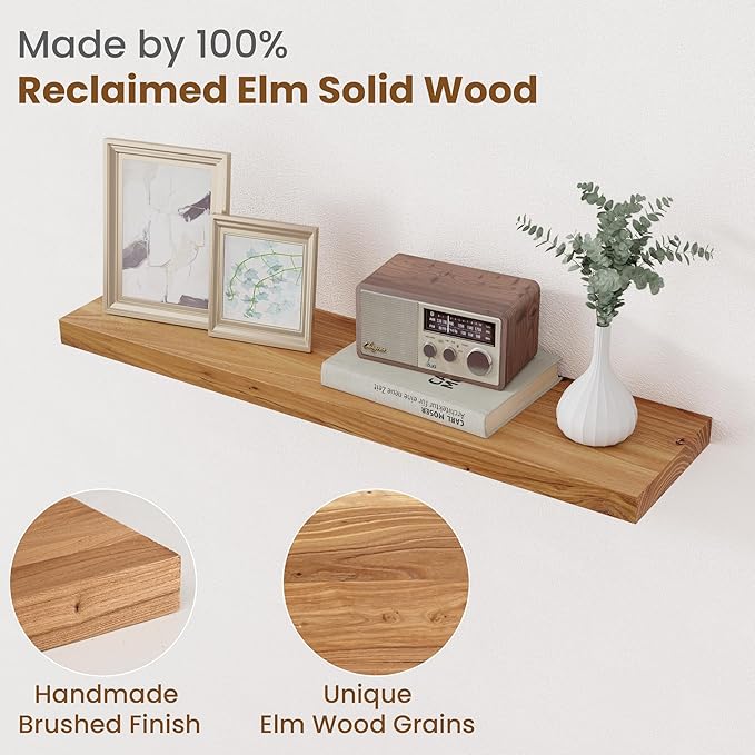 Floating Shelves for Wall Decor, 8" Deep Rustic Solid Elm Wood Floating Shelves Wall Mounted, Wall Shelves with Invisible Bracket for Living Room Bathroom Bedroom Kitchen, 32 Inch Set of 2, Natural