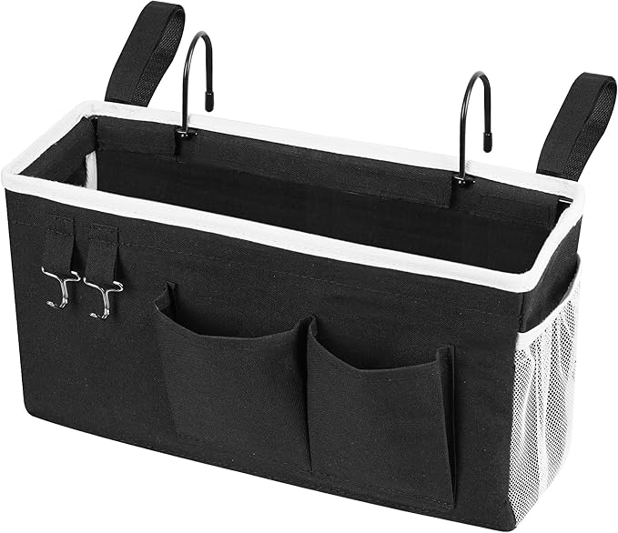 Loghot Bedside Caddy/Bedside Storage Bag Hanging Organizer for Bunk and Hospital Beds,Dorm Rooms Bed Rails,Can be Placed Glasses,Books,Mobile Phones,Keys (Black)