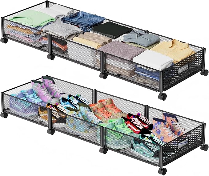 Under Bed Storage with Wheels 47.2"(L)/57.6L Large Rolling Under Bed Storage, Metal Underbed Containers on Wheels, Tool-Free Assembly Foldable Metal Underbed Drawers for Shoes Clothes Toys