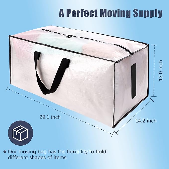 8 Pack Large Strong Moving Bags with Zippers & Carrying Handles - Water-Resistant - Heavy Duty Storage Tote for Space Saving, Fold Flat, Alternative to Moving Box (Semi-Transparent)