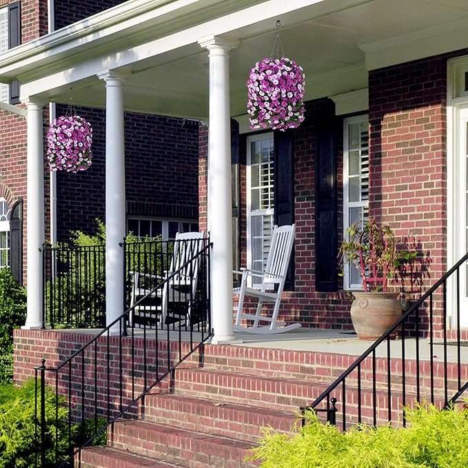 Artificial Fake Flowers Plants Hanging Baskets Outdoor Outside Spring Decor, Faux Silk Light Fuchsia and Fuchsia UV Resistant Look Real Morning Glory Home Patio Porch Balcony Decoration