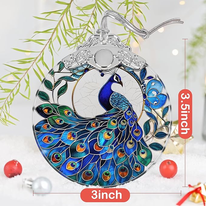 Peacock Stained Glass Ornament - Christmas Tree Decor, Peacock Ornaments for Holiday Gifts