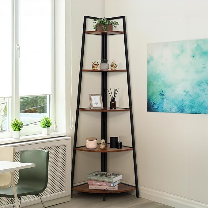 CAPHAUS Tall Corner Shelf Stand, 5-Tier Display Shelves, Ladder Corner Wood Storage Plant Bookshelf with Metal Frame, Versatile Shelving Unit Bookcase for Home Office Space, Rustic Oak