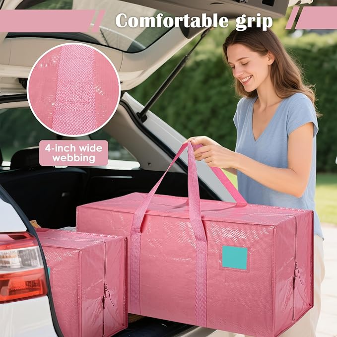 6 Pack Extra Heavy Duty Large Moving Bags with Reinforced Zipper & Wide Handles, Waterproof Storage Bins for Clothes, College Dorm, Travel, and Home Organization, Pink