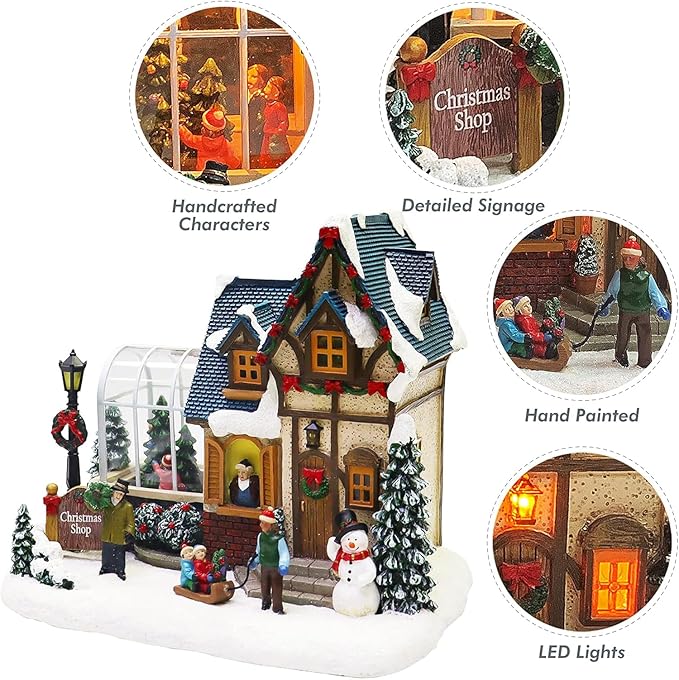 MOMENTS IN TIME Christmas Village Building Lighted Christmas Shop with LED Lights, Music & Snowman Battery Operated or Plug-in Vintage Holiday Village House Décor 8.5”H x 9.8”W x 6.9”D