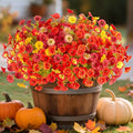 Fall Artificial Flowers for Decoration, 12 Bundles Fake Autumn Flower Plants Petunias, Faux Silk Morning Glory Eucalyptus for Planter Garden Porch Front Door Window Box, Orange Red Yellow