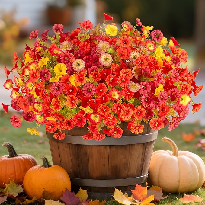 Fall Artificial Flowers for Decoration, 12 Bundles Fake Autumn Flower Plants Petunias, Faux Silk Morning Glory Eucalyptus for Planter Garden Porch Front Door Window Box, Orange Red Yellow