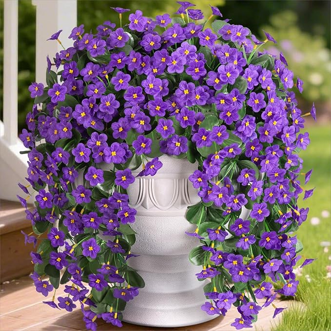 HyeFlora Artificial Faux Hanging Flowers for Outdoor Outside Spring Decoration, 2PCS Fake Silk Purple Daisy Plants UV Resistant Look Real Orchid Mums Vine for Front Door Porch Planter Balcony