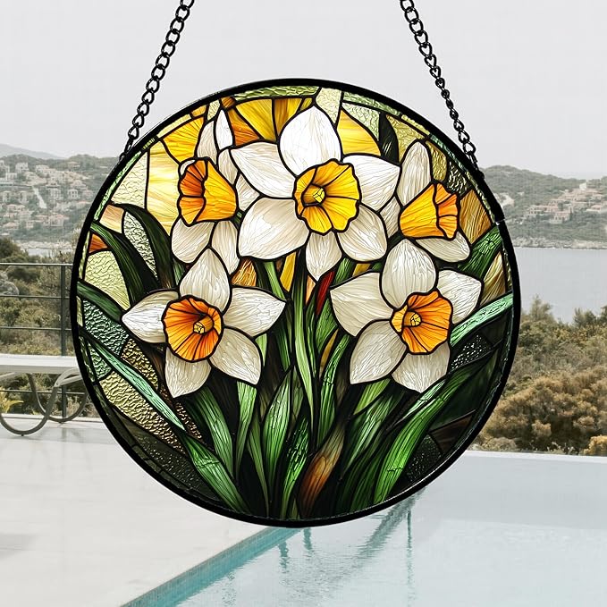 Stained Glass Window Hanging, Yellow and White Daffodils Sun Catcher for Door Home Decor Plants Flowers Suncatcher Christmas Mother's Day Birthday Gifts for Women Men Mom Nana 11.8 in