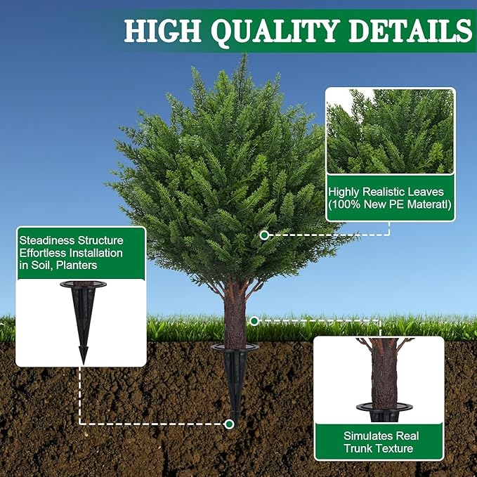 Artificial Set of 2 Cedar Topiary Ball Trees 22" for Outdoors with Ground Spike, UV Resistant Faux Cypress Plants into Anywhere, Evergreen Shrubs Bushes for Room Front Porch Garden Backyard Decor