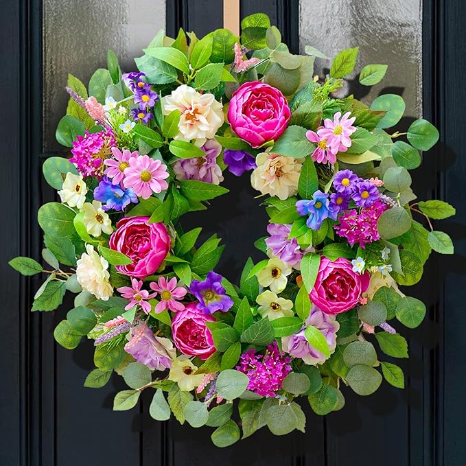 Spring Wreaths for Front Door Outside 24 Inch Spring Door Wreath with Pink Peony,Rose and Blue Hydrangeas, Handmade Silk Summer Wreaths for Front Door Home Wall Window Proch Seasonal Decor