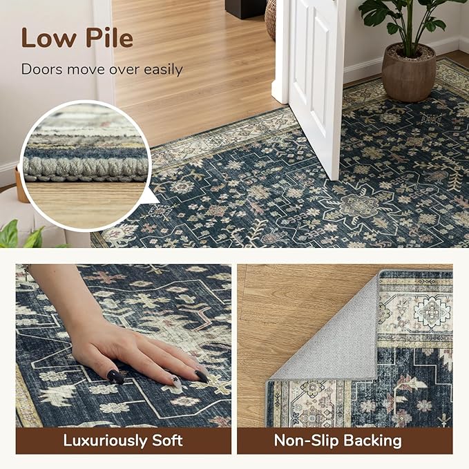 Lessymo Black Washable 2x6 Runner Rugs for Hallway Kitchen Bedroom Beside Laundry Room Bathroom Rug, Non Slip Low Pile Stain Resistant Soft Faux Wool Long 24 x 72 Floor Carpet, Floral Moody Decor