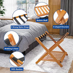 Smuxee Fully Assembled Honey Luggage Racks Pack of 2, Upgraded Bamboo Foldable Suitcase Stand with 5 Nylon Straps, Luggage Holder with Shelf for Guest Room Bedroom Hotel