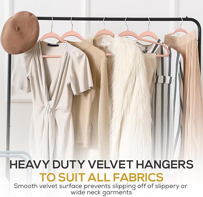 50 Pack New Premium Quality Velvet Hangers Ultra Thin Non Slip Adult Felt Space Saving Hangers for Closet Heavy Duty Coat Pants Jackets Dress Hangers 360° Swivel Hook Hold Upto 10lbs Rose Gold