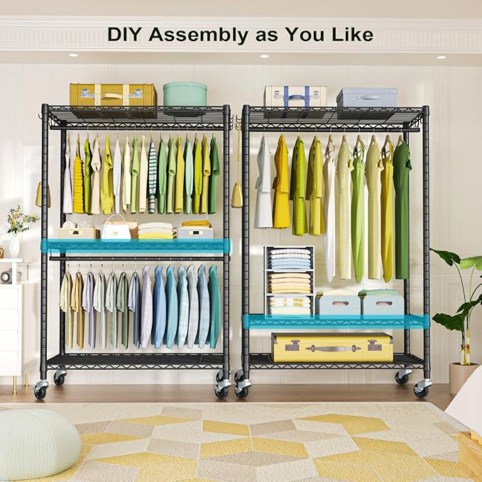 FUTASSI P3 Plus Rolling Clothes Rack, Clothing Racks for Hanging Clothes, Heavy Duty Garment Rack with Wheels, Freestanding Portable Closet Rack 45" W x 14" D x 78.5" H, Max Load 480 LBS, Black