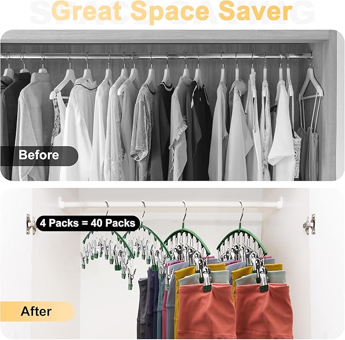 Legging Organizer for Closet, Metal Yoga Pants Hangers 4 Pack w/10 Clips Holds 40 Leggings, Space Saving Hanging Closet Organizer w/Rubber Coated Closet Organizers and Storage, Green