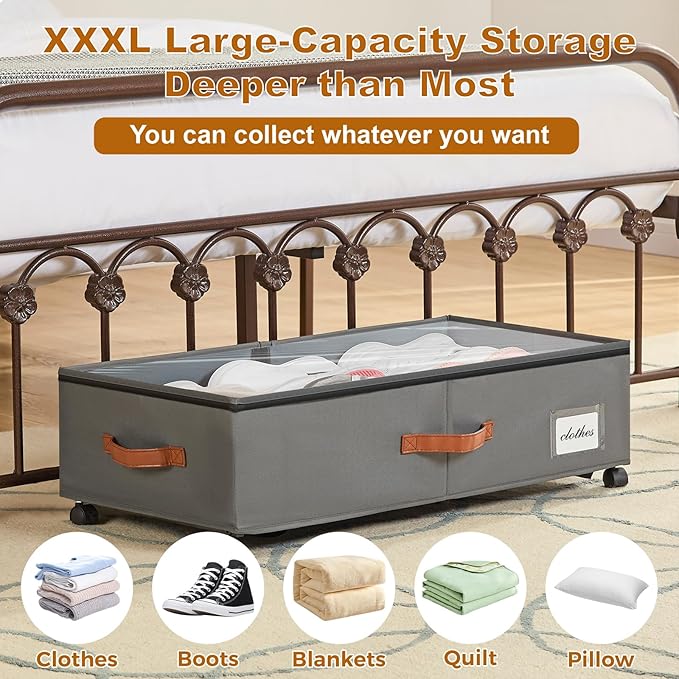 Under Bed Storage Containers with Wheels 9.5 inches Higher Under Bed Storage XXXL Underbed Shoes Blankets Clothes Storage Organizer 2 Pack Under the Bed Storage for College Dorms Bedroom Nursery Rooms