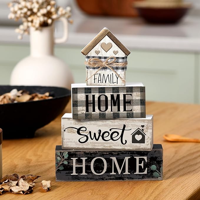 Moucuny 4 Pcs Farmhouse Wooden Tabletop Decor Sweet Home Tiered Tray Decor Rustic Retro Wood House Shaped Block Sign Housewarming Gifts Neutral Centerpiece Farmhouse Table Sign for Home Shelf Mantle