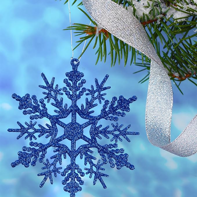 36pcs Christmas Navy Blue Snowflake Ornaments Plastic Glitter Snow Flakes Ornaments for Winter Christmas Tree Decorations Size Varies Craft Snowflakes